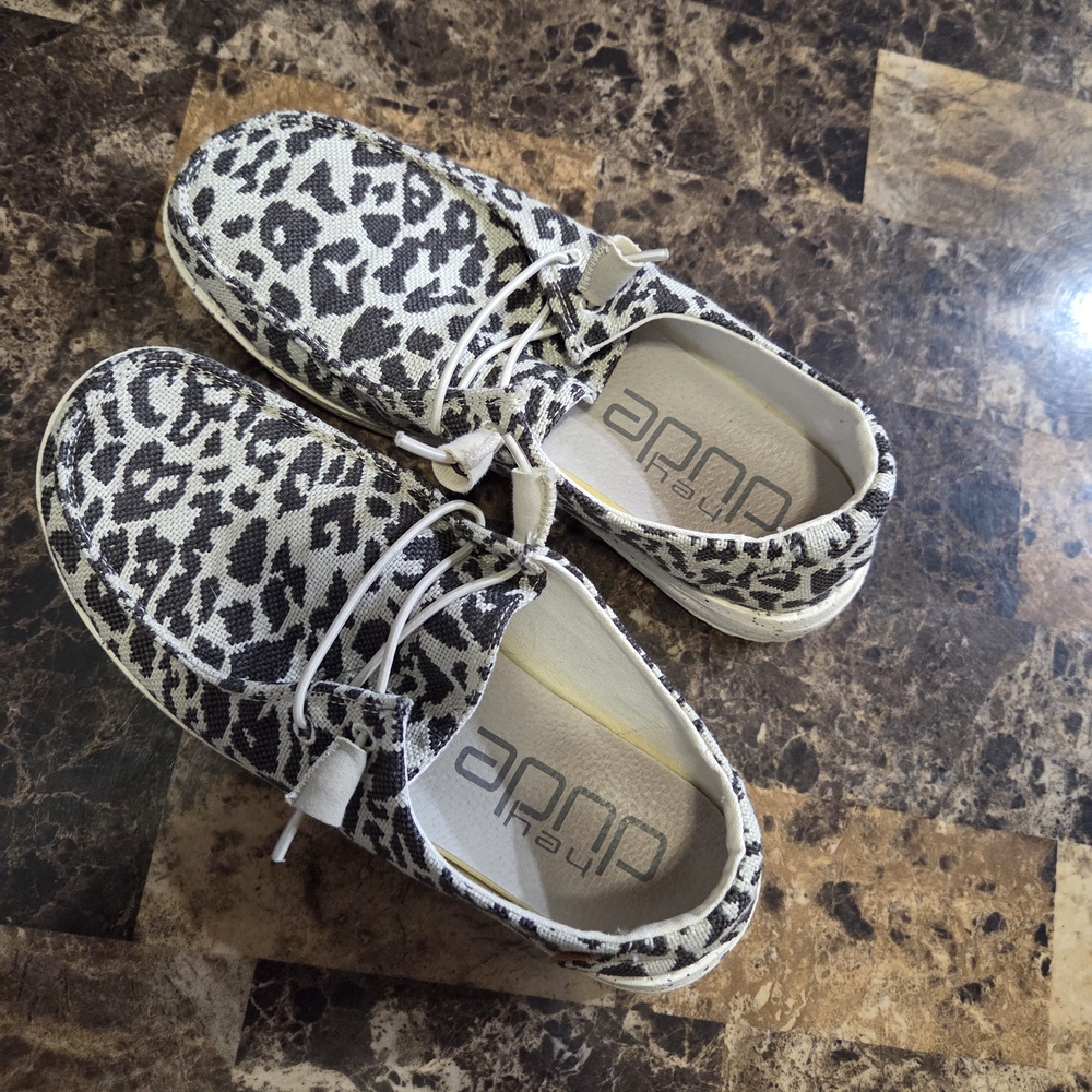 Hey Dude Black and White Leopard Sneakers